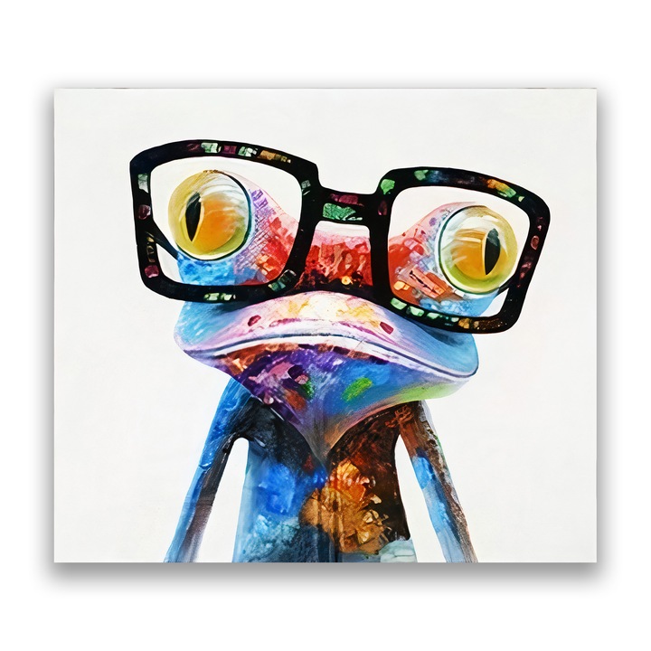Prémium vászonfestmény, LuxCanva® A1168, Crazy Frog, 65 X 75 CM, 100% pamut vászon 400g/m2, fakeret, dekoratív, nappali, béka, szemüveg, élénk színek
