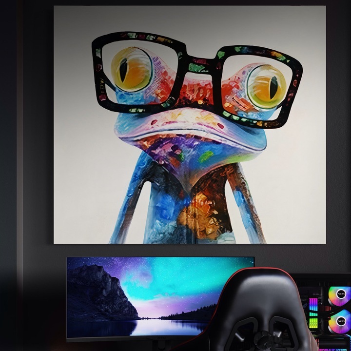 Премиум Канава Картина, LuxCanva® A1168, Crazy Frog, 75 X 75 CM, 100% Памучно Платно 400гр/м2, Дървена Подрамка, Декоративна, За Всекидневна, Жаба, Очила, Наситени Цветове