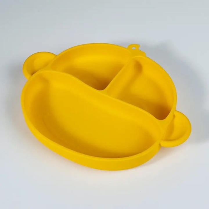 Etetőkészlet babáknak és gyerekeknek, balkezes, jobbkezes vagy kétkezes, szilikon tányér és fém evőeszközök, allergénmentes szilikon, Empria, Maimutica, Sárga