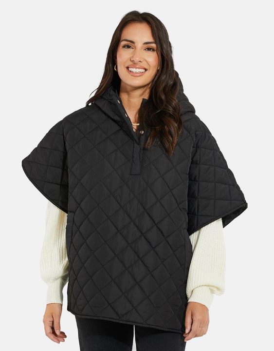 Threadbare, Poncho matlasat cu gluga, Negru, 38