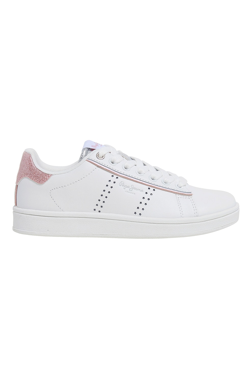 Pepe Jeans London, Pantofi sport de piele cu insertii stralucitoare, Alb, Roz prafuit, 34 EU