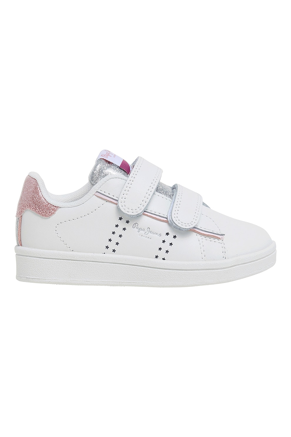 Pepe Jeans London, Pantofi sport cu velcro si insertii stralucitoare, Alb, Roz prafuit, 31 EU