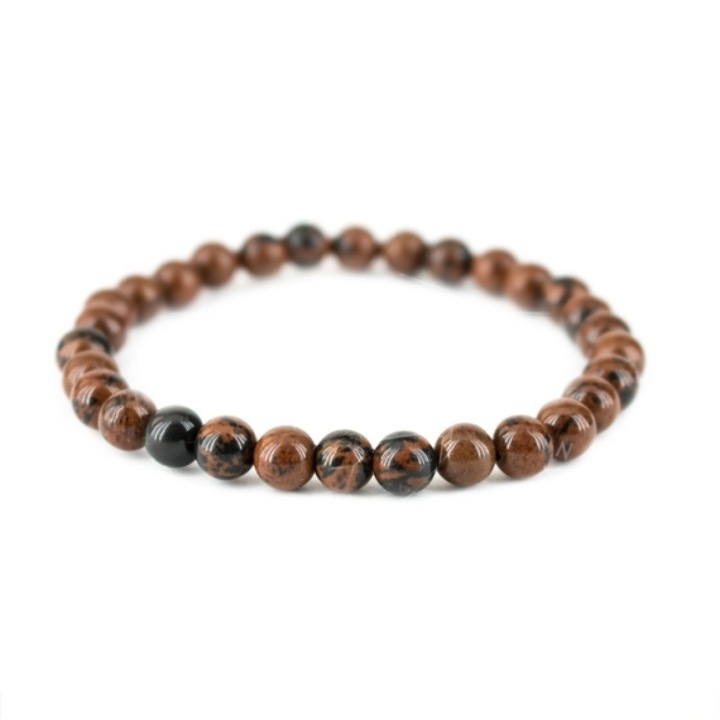 Mahagóni obszidián férfi gumis karkötő, ásvány, 8 mm-es golyók, kézműves, barna, fekete, 22 cm