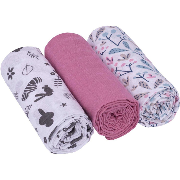 3 db muszlin pelenka készlet, IF19192_952, Infantilo, rózsaszín/ágak