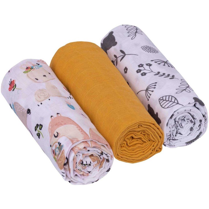 3 db muszlin pelenka készlet, Infantilo, Animals Boho/Mustard Yellow