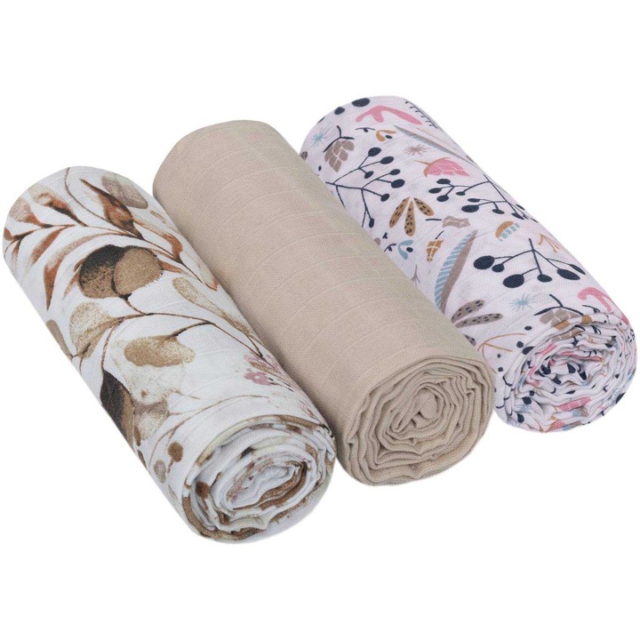 3 db muszlin pelenka készlet, IF19192_925, Infantilo, bézs/eukaliptusz/ágak