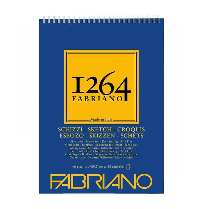 Bloc desen 1264 Schizzi, A3, 90gr, 120 file, cu spirala pe latime Fabriano