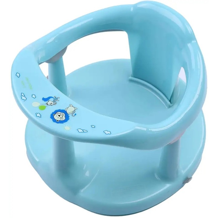 Scaun de baie Little Mom Baby Sit Light Blue design ergonomic cu spatar si cotiere, fixare cu ventuze, dimensiune 32 x 32 x 20.5 cm, varsta 6 luni+