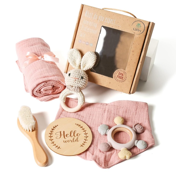 Бебешки комплект Giftry, новородено, играчка, лигавник, муселин, пръстен за дъвчене, четка за коса, зайче, розово