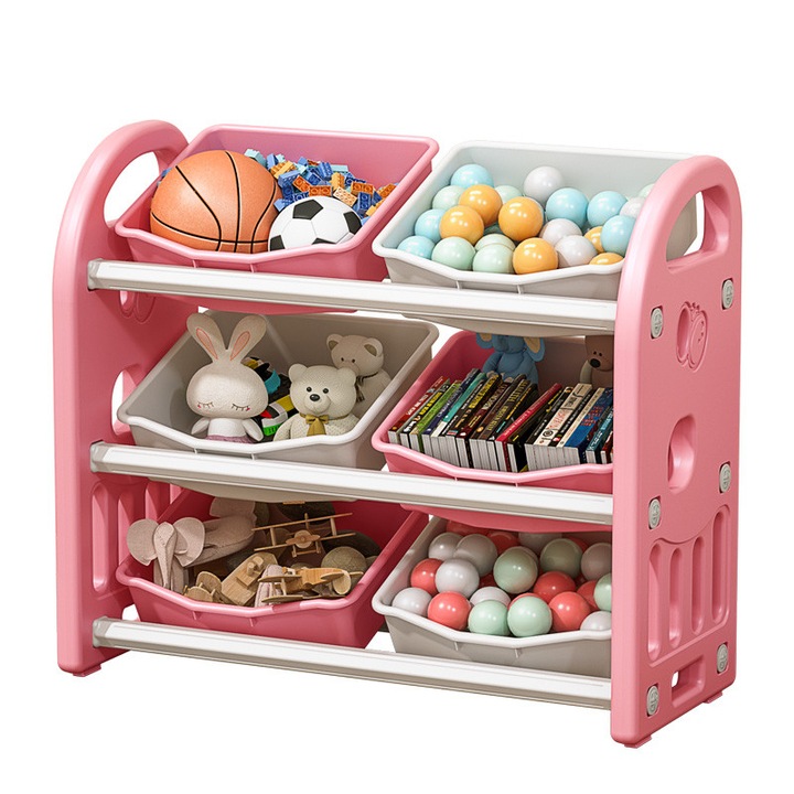 Organizator pentru jucarii Nichiduta Garden Butterfly Pink, cu 3 nivele si 6 cutii depozitare, margini rotunjite, 77x66x32 cm