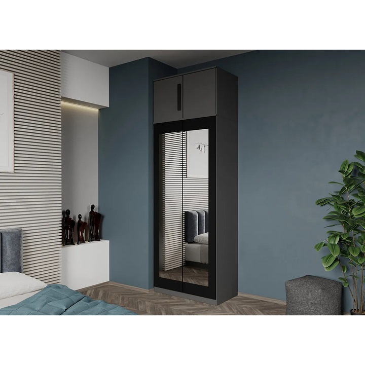 Dulap dormitor, Gri cu oglinda si suprapozabil – Dallas, 83 × 48 × 240,3 cm
