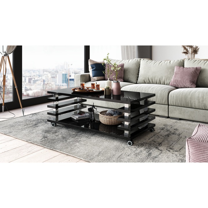 Masuta de cafea, Mazzoni, PORTO Negru Lucios, 120 cm / 60 cm, cu lamele 2in1 pe roti/picioare