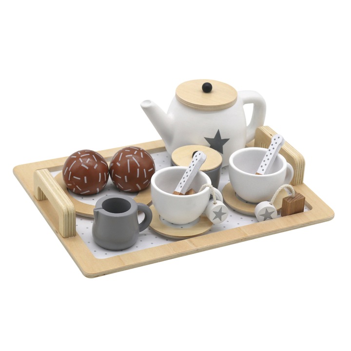 Детски дървен сервиз за чай, Zola, Монтесори, ролева игра, включени аксесоари, крем с кафяво
