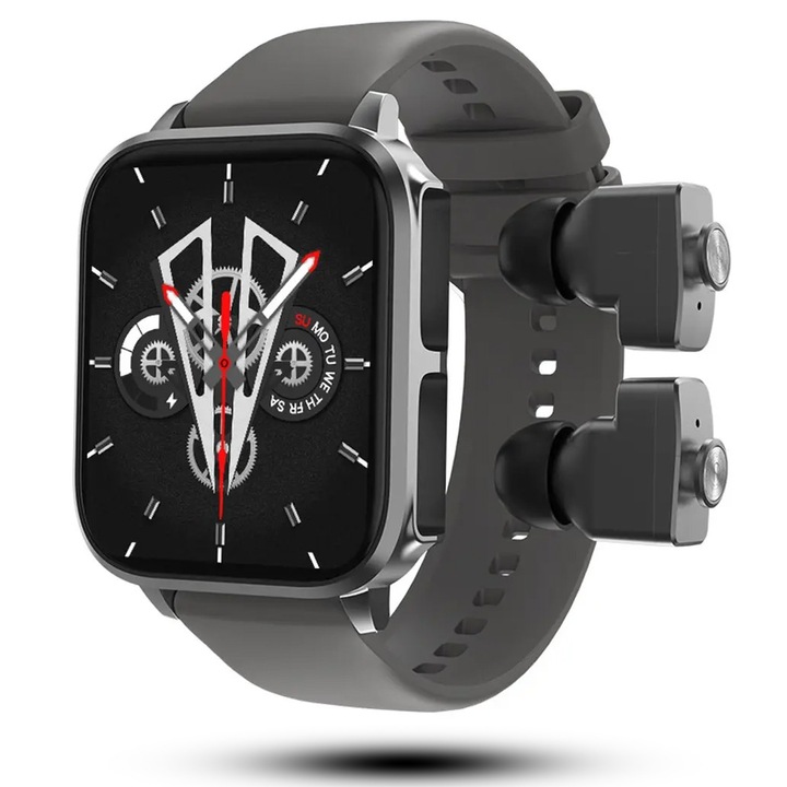 Ceas Smartwatch 2in1, casti Bluetooth 5.0, Wireless, Vichema Tech®, display 1, 83 inch, IP66, Full Touch, Notificari Aplicatii, Preluare apeluri, Functie Selfie, Monitorizare Fitness, si Sanatate, Alarm, Music player, compatibilitate Android/iOS, negru