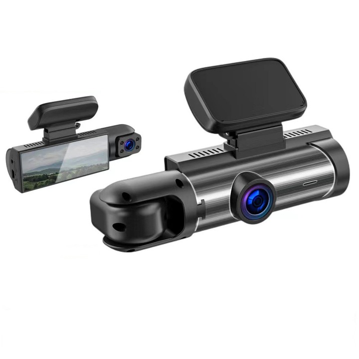 Camera auto de bord dubla, Vichema® Full HD 1080P, frontala/interior, Night Vision 360°, display IPS 3,16 inch HD, Inregistrare Dubla, Detectare miscare, camp vizual ultra-larg 170°, Loop-Recording, Senzor-G