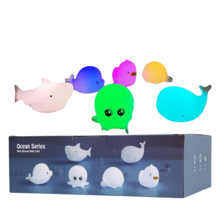 Комплект от 6 бебешки играчки за баня, силикон, 8-цветни LED светлини, сензор за докосване, включени батерии LR44, таймер, Ideas4Comfort, бели
