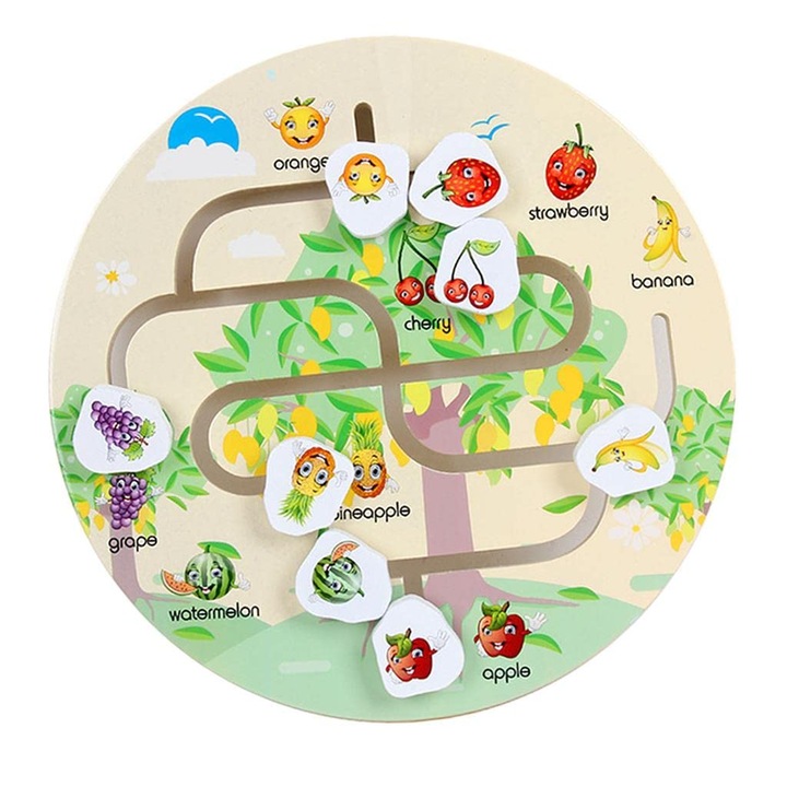 Jucarie interactiva Labirintul Fructelor, din lemn, Montessori, multicolor, 3 ani+, SARALMA®