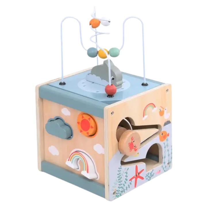Centru din lemn educativ Montessori, Cub activitati bebelusi 5 in 1, delfin, 1 an+, Edujucarii