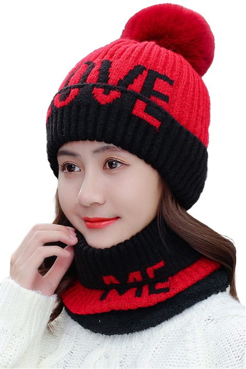 Caciula dama, set doua piese, model cu pom pom si fular tip guler asortat cu mesaj, captuseala calduroasa, tematica love me, marime universala, rosie, EFAYN