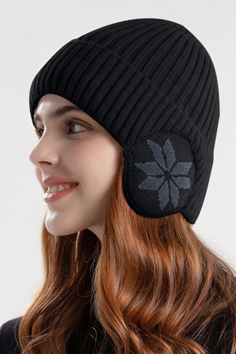 Caciula iarna, model cu protectie intarita pentru urechi, imprimeu fulg de zapada, captuseala moale si fina, tematica happy winter, unisex, marime universala, neagra, EFAYN