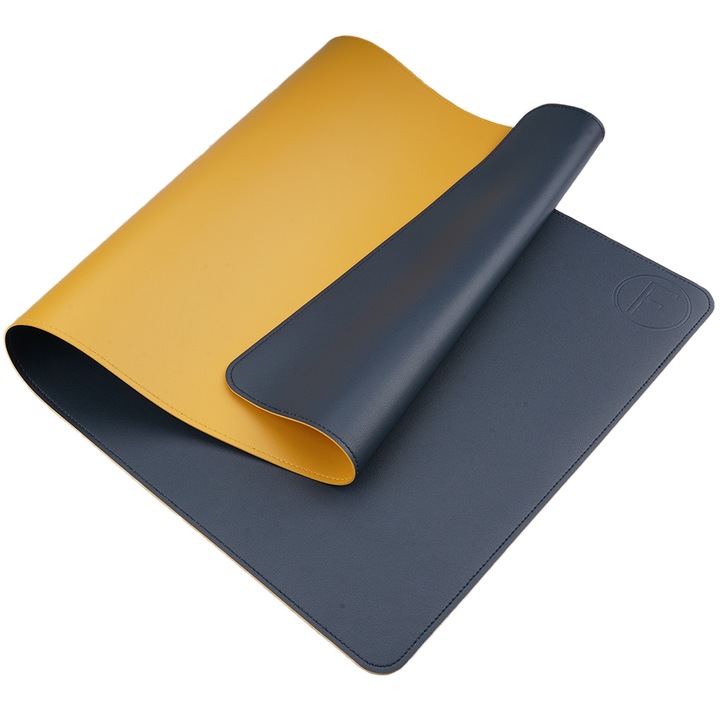 Mousepad XXL pentru protectie birou, din piele pu, impermeabil, cu doua fete Albastru/Galben, 80x40cm