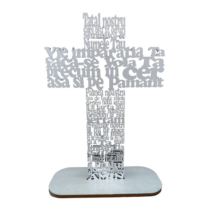 Cruce din lemn cu rugaciunea Tatal Nostru-HDF 4mm, cu suport, argintiu, 40cm
