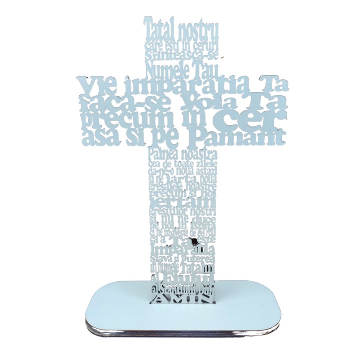 Cruce din lemn cu rugaciunea Tatal Nostru-HDF 4mm, cu suport, alb, 30cm