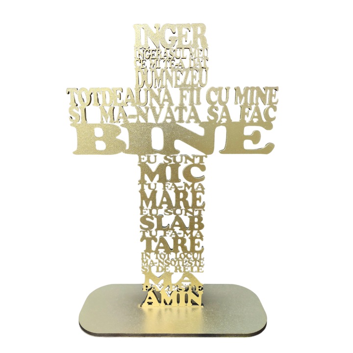 Cruce din lemn cu rugaciunea Inger Ingerasul meu-HDF 4mm, cu suport, auriu, 40cm