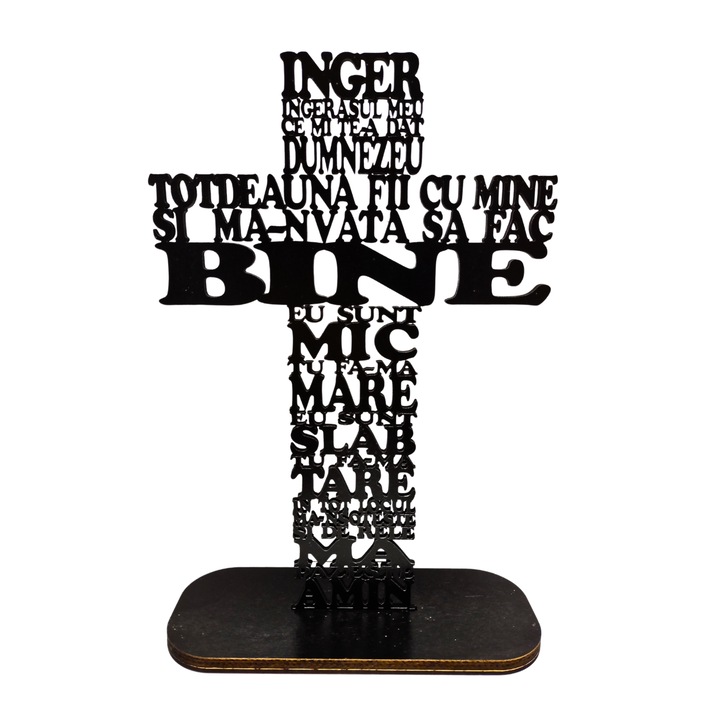 Cruce din lemn cu rugaciunea Inger Ingerasul meu-HDF 4mm, cu suport, negru sidefat, 30cm