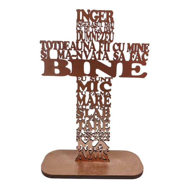 Cruce din lemn cu rugaciunea Inger Ingerasul meu-HDF 4mm, cu suport, cupru sidefat, 30cm