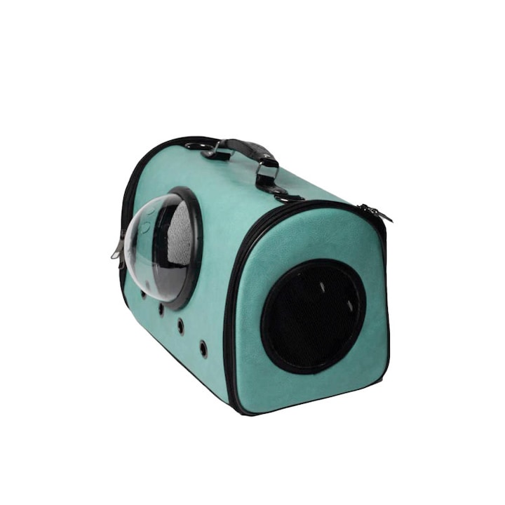 Geanta de transport cu bula de astronaut, pentru caini si pisici de talie mica, spatiu respirabil, piele ecologica, turcoaz, 42 cm, Doty®