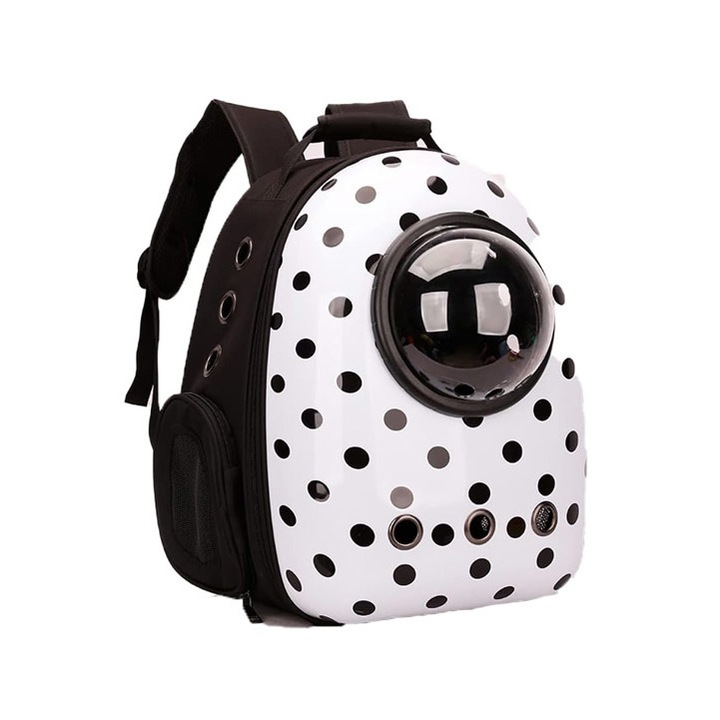 Rucsac cu capsula astronaut, pentru transportul animalelor de companie mici, cu buline, alb/negru, Doty®