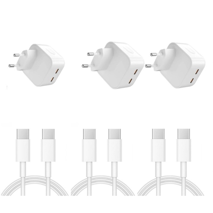 Set 6 accesorii pentru iphone 15,15pro.15 pro max, 3buc Incarcator PD USB-C 40W, 3 buc Cablu incarcare USB-C-C 60w, QUANDES®