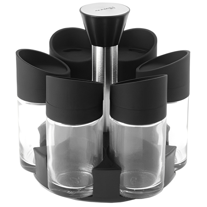 Suport pentru condimente cu 6 borcane, Negru/Argintiu, 14 x 18 cm