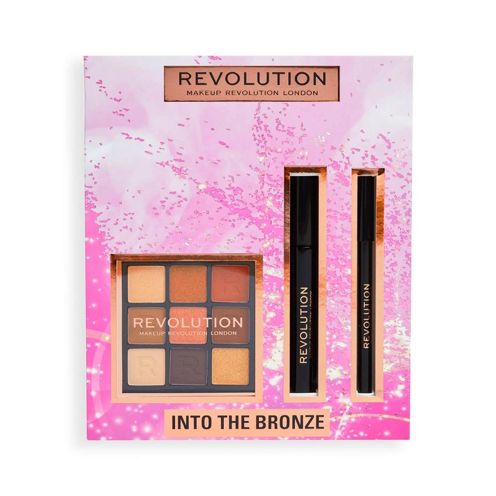 Set machiaj Makeup Revolution Into The Bronze Eye, Paleta de fard de pleoape Ultimate Desire 9x0, 9 g + Rimel negru de volum si alungire 8 g + Eyeliner Kajal negru 1 g