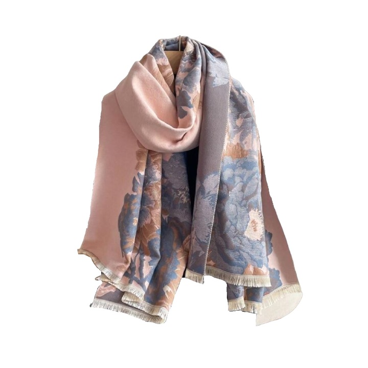 Esarfa lunga tip sal pentru dama din materiale premium, model flori mari albastre, culoarea roz si albastru, The Casius.®