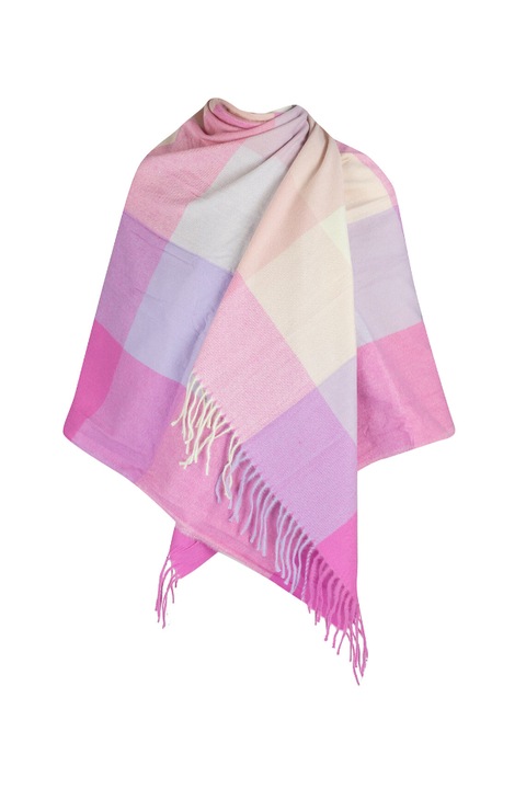 Fular tip sal pentru dama, Agrafka, model Ax-13-18, in carouri mari, cu franjuri, din bumbac, 200x70 cm, Multicolor, Roz
