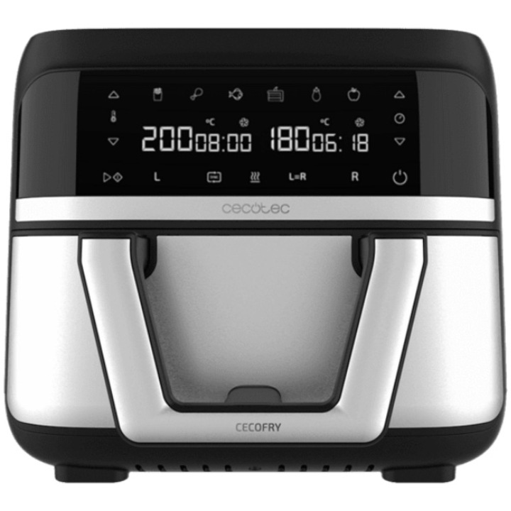 Фритюрник с горещ въздух Cecotec Cecofry Dual 9000 04996, 2850W, 9 л, Сензорно управление, 6 програми, Черен/Сребрист