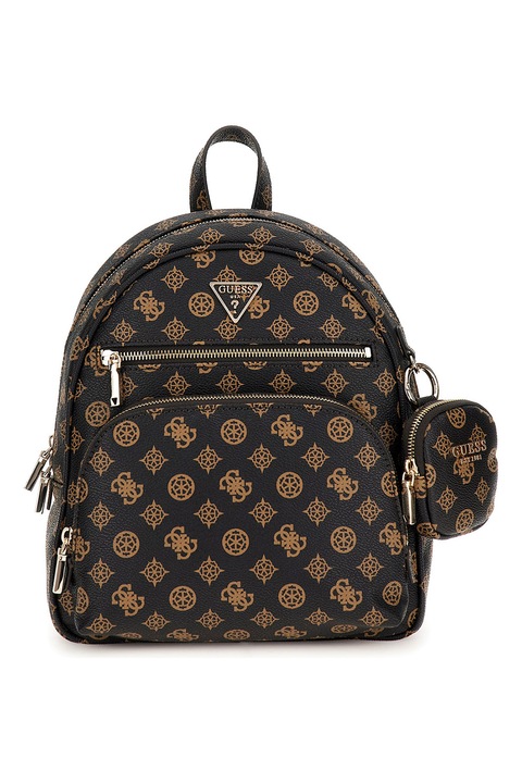 Guess, Екологична кожена раница с лого Power Play, Черен, Кафяв