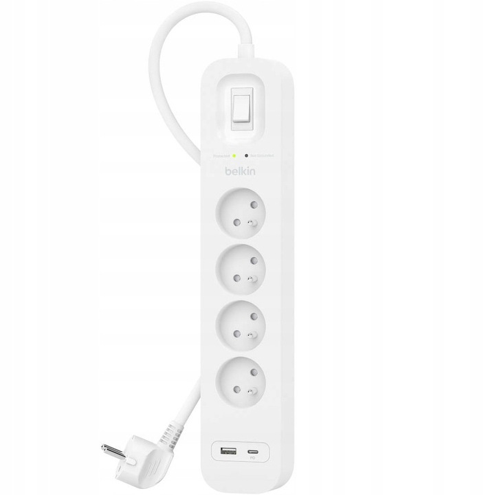 Prelungitor Belkin, SRB001CA2M, 2m, 4x AC EU, 1xUSB-C, 1xUSB-A, Protectie la supratensiune, Alb