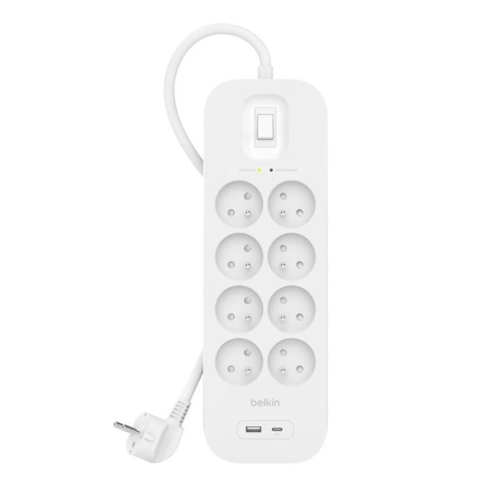 Belkin Extender, SRB003CA2M, 2m, 8x AC EU, 1xUSB-C, 1xUSB-A, Túlfeszültség-védelem, fehér