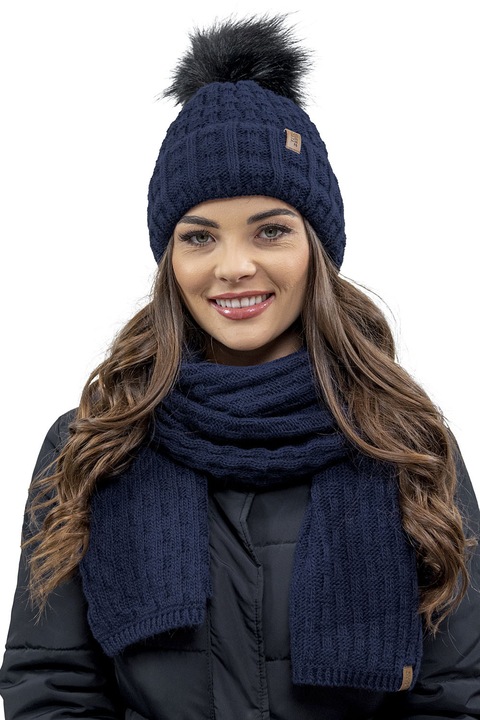 Téli sapka szett sállal, Vivisence, 7015Kmpl, egy méret, Sötétkék, One-Size