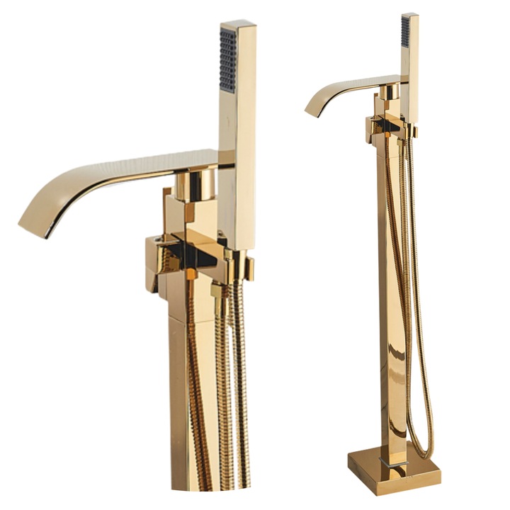 Baterie cada cu montaj pe podea, FREE STANDING WATERFALL, set de dus inclus, Alama/Ceramica, Auriu