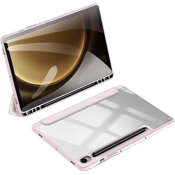 Husa Toby pentru Samsung Galaxy Tab S9 FE, DuxDucis, Piele ecologica / TPU, 10.9", Roz / Transparent