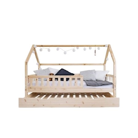 Pat tip casuta pentru copii, Profiwood, Lemn de pin, Extensibil, 80x160cm, Lemn natural