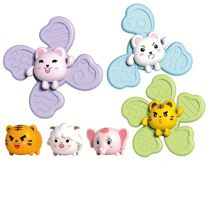 Set 6 Jucarii Interactive bebelusi, Spinnere cu ventuza de prindere si trei animalute din silicon pentru baie, +18M, Verde