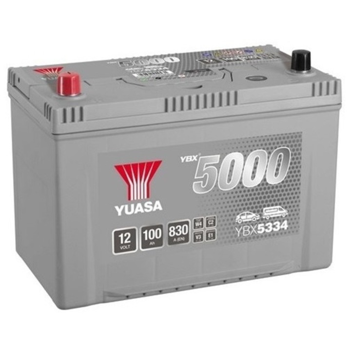 Baterie auto YUASA YBX 5000 ASIA YBX5334, 12 V, 100 Ah, 830 A, 304x173x225 mm, borna inversa stanga plus