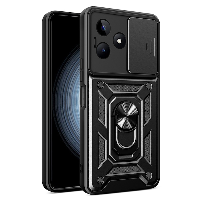 Калъф за телефон, съвместим с realme c53, slide & snap premium, държач с магнитен пръстен, popgrip, anti-shock, черен
