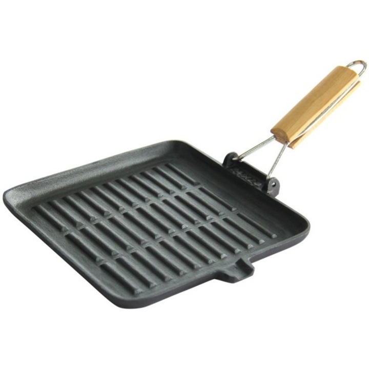 Tigaie grill din fonta pura KingHoff, diametru 24 cm, maner lemn, inductie