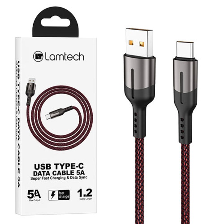 Cablu Date si Incarcare Lamtech, USB la Type-C, 5A, 1.2m, Negru